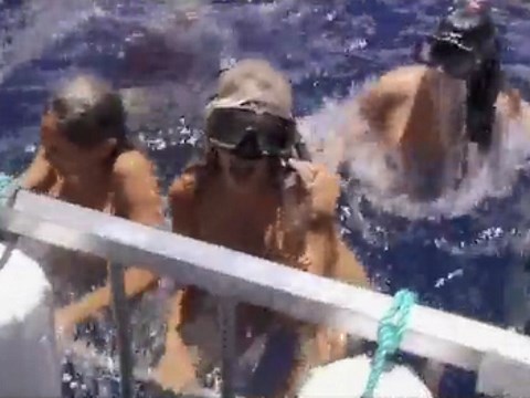 すっぽんぽんでシャーク・ウォッチングを楽しむエロボディの金髪美女